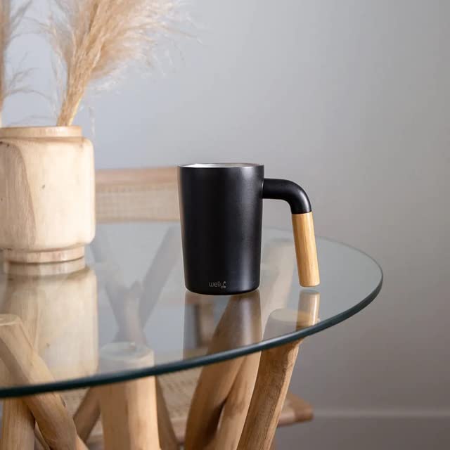 Welly Camp Cup 12oz | Vacuum Insulated Stainless Steel & Bamboo Travel Mug | Triple Wall, Wide Mouth, BPA Free (Black) - Image 4