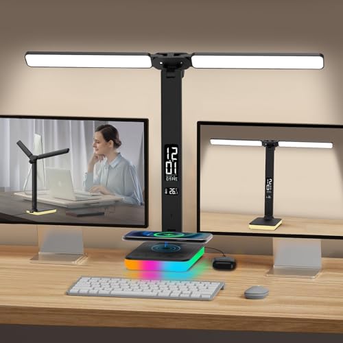 oviouit LED Desk Lamp with Charger, USB Charging Port, Dual Swing Arm Desk Light with 5 Brightness, 3 Colors, Table Lamp with Clock, Alarm, Date, Temperature, Desk Lamp for Home Office Study (Black)