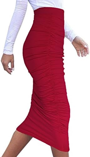 MERRYFUN Women's High Waist Ruched Frill Ruffle Pencil Mid-calf Skirt, Red M