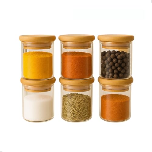 Kit 6 Potes de Vidro 200ml com Tampa de Bambu Hermético Mantimentos Condimentos Empilhaveis