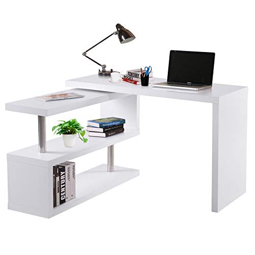 HOMCOM Mesa de Ordenador PC Escritorio de Esquina Giratorio 360 Grados en Forma de L con Estantes para Oficina en Casa 114x120x76,1 cm Blanco