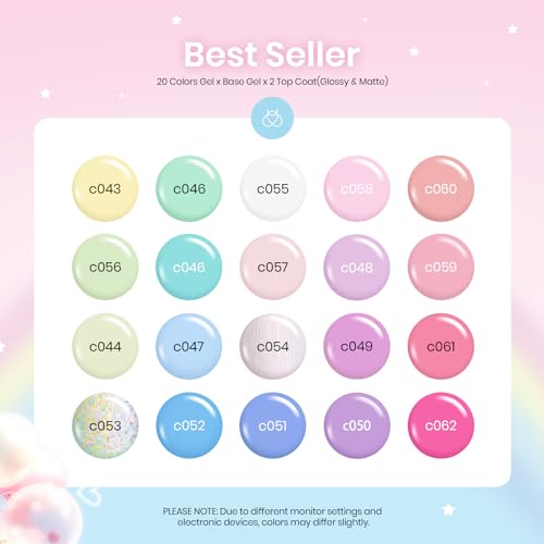 Image of Beetles Gel Nail Polish Set, 23 PCS 20 Colors Pastel Macaron Spring Gel Polish Kit, Dreamy Town Pink Yellow Green Blue Glitter Color Gel with Base Coat, Glossy Matte Top Coat, Soak Off UV LED