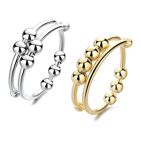 Silver Adjustable Fidget Rings, Anxiety Relief ring, Anti-worry Bead Rings Spinner Ring Gift for Women Men Cover