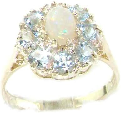 925 Sterling Silver Real Genuine Opal and Aquamarine Womens Band Ring