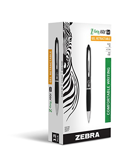 Zebra Z-Grip MAX Gel Retractable Ballpoint Rollerball Pen, Medium Point, 0.7mm, Black, 12-Count
