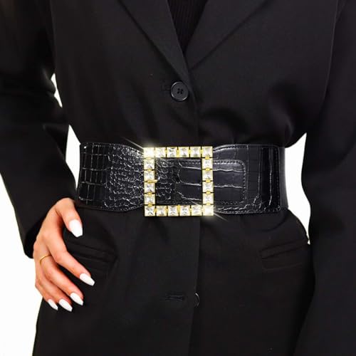 Women Elastic Wide Waist Belt Rhinestone Square Buckle Belt for Dresses Stretchy Wide Belt