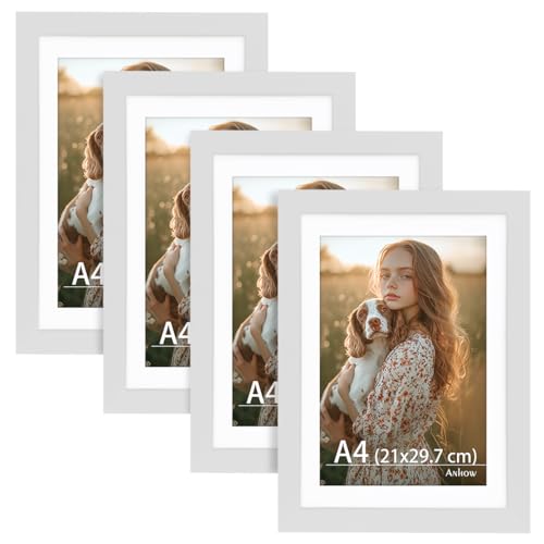 Anhow Set de 4 Marcos de Fotos A4, Decoración del Hogar PVC Marcos de Fotos, Estilo Moderno para Exhibición en Pared o Mesa, Opción para Espacios de Arte, Oficinas y Hogares - Blanco