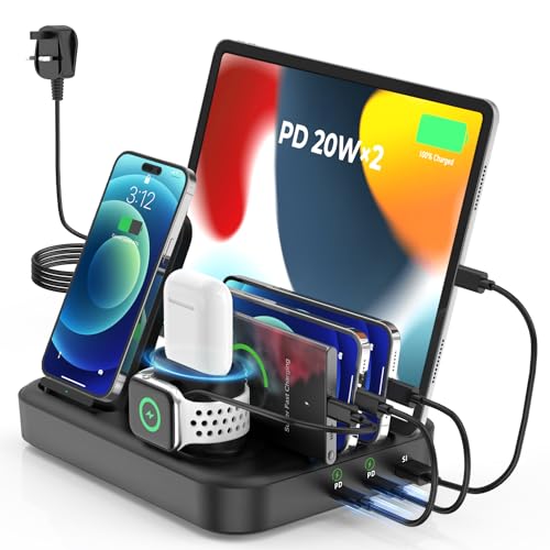 Charging Station for Multiple Devices, 6 in 1 67W Wireless Charger Station with 2×PD 20W Type C Fast Charge and 4 USB Ports for iPad, iPhone,iWatch,AirPods,Android phone/Tablets Samsung Huawei etc