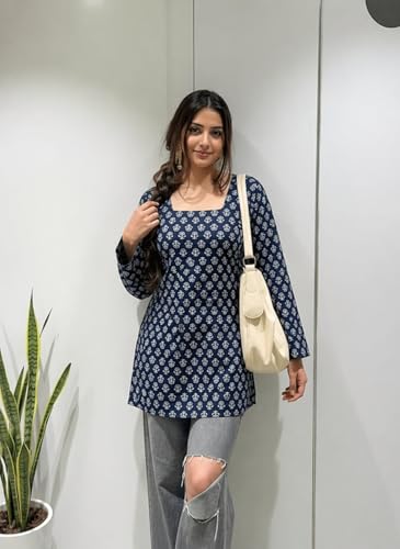 Image of SONISHA Women's Rayon Floral Print Short Kurti for Women Elegance Square Neck, Long Sleeves with Style Criss Cross Back Kurti, Top for Office Wear, Casual, Outdoor