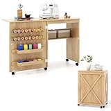 COSTWAY 2 in 1 Nähschrank & Schreibtisch klappbar, Nähtisch Mehrzweck-Bastelstation mit Ablagefläche, 2 Tabletts,18 Klammern, Scheunentür & 5 feststellbaren Rollen für kleine Räume (braun)