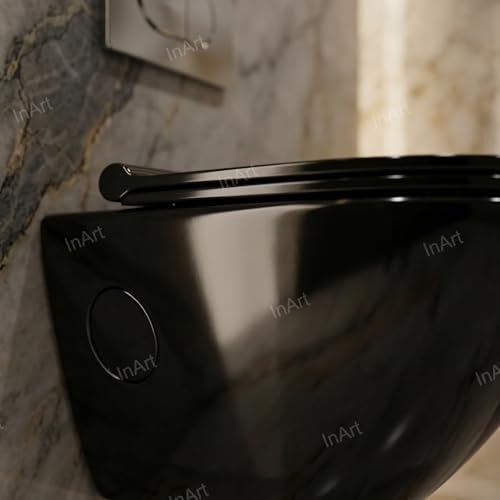 Image of InArt Ceramic Rimless Wall Hung Western Toilet /Commode - P Trap, Glossy Ceramic Round Rimless Toilet WC with Soft Close Seat, Modern Wall Mounted 365mm x 520mm x 360mm Black Color