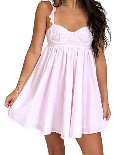Image of Women Y2k Tie Shoulder Mini Dress Sleeveless Flowy Babydoll Dress Boho Floral Aline Short Sundress