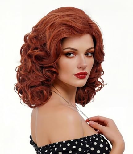 NJJYXH 16 Inches Vintage Copper Red Wigs for Women Long Ginger Wavy Synthetic Natural Auburn Wig for 70s 80s Cosplay,Halloween,Daily Use