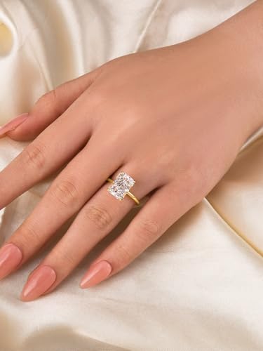 4.5CT Elongated Radiant Cut Solitaire Engagement Ring for Women, 925 Sterling Silver Simulated Diamond Promise Ring with 14K Yellow Gold Plated3