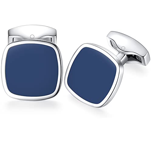 HONEY BEAR Boutons de Manchette pour Hommes Carré Acier Inoxydable brossé, pour Mariage Affaires (Bleu)