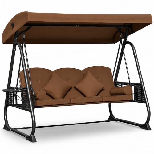 Mvpipi 3 Seat Patio Swing Chair with Canopy,Outdoor Porch Swing with Thick Cushions,Adjustable Sunshade,Side Trays & Pillows,Heavy Duty Metal Frame for Patio,Garden,Backyard(Brown)