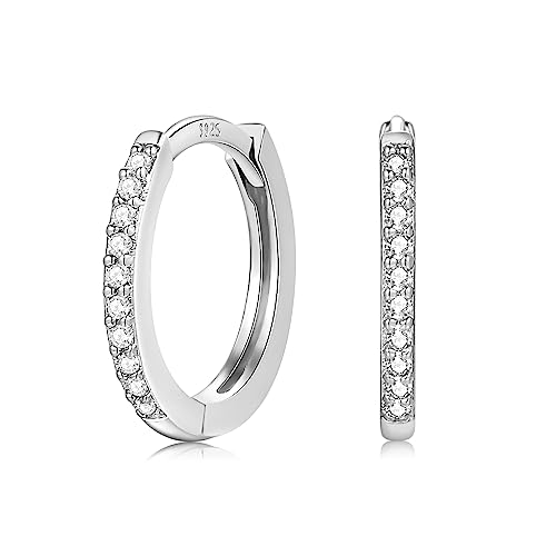 Pendientes de aro de circonita cúbica para mujer, plata de ley 925, chapados en oro blanco de 14 quilates, hipoalergénicos, pequeños aretes para niñas, 8mm, Plata de ley