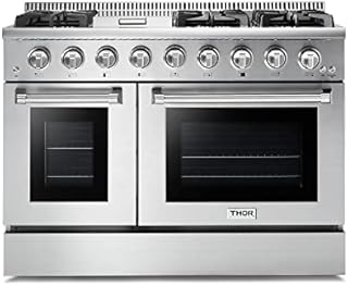 Thor Kitchen HRG4808U 48 in. Freestanding Professional Style Gas Range with Double Oven, 6 Burners, Convection Fan, Cast Iron Grates, and Blue Porcelain Oven Interior, in Stainless Steel