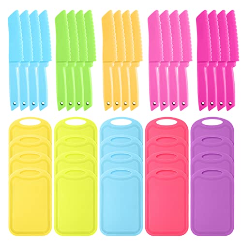 Lanties 40 Pcs Kids Cutting Board and Knife Set Kids Plastic Safe Knives Toddler Cutting Board Colorful Toddler Cooking Utensils for Salad Fruit Vegetables