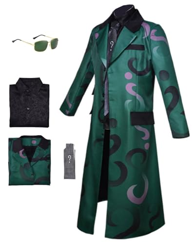 Mens Riddler Cosplay Costume Trenchcoat Green Suit Gothic Uniform Jacket Necktie Full Set Halloween Outfit (Trenchcoat Suit X-Small)