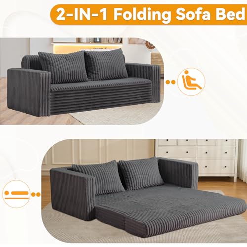 Image of HABUTWAY 68 inch Loveseat Boneless Couch, 4-in-1 Convertible Sofa Bed, Plush Fur Folding Futon Sofa Bed Couches with 2 Pillows for Living Room, High-Density Foam Support, No Assembly Required, Grey