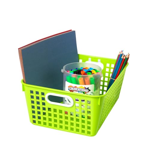 Image of Really Good Stuff Large Plastic Storage Baskets with Handles - 6 Pack | 13.75 inch x 9.75 inch x 5 inch, Neon Group Colors, for Books & Supplies, Organize Classroom & Home