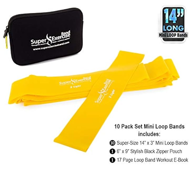 USA 14 x 3 Extra Long Latex Free Mini Loop Bands in 3, 5, 10 Pack Sets. 10 Strengths for Resistance Training, Stretching, Yoga, Toning. Plus an Exclusive iPhone App and E-Book.