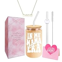 DAMCONME Mum Gifts - 16oz Glass Cup with Lid and Straw, 18K Gold “Mama” Necklace, Gift Card, Pink Gift Box - Perfect for Mother's Day, Birthday，Women's Day, New Mum, First-Time Mom