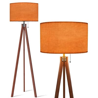 BAISTSAELER Wood Tripod Floor Lamp Golden Orange Colored Blurred Modern Standing Lamp Linen Lampshade Dimmable Tall Lamp Mid Century Floor Lamp for Living Room Bedroom