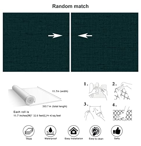 Akywall 393.7" Fabric Linen Wallpaper Peel And Stick Blackish Green Faux Grasscloth Contact Paper Textured Waterproof Self Adhesive Stick On Wall Paper Removable Solid Vinyl Roll For Cabinet Drawer #TOP3