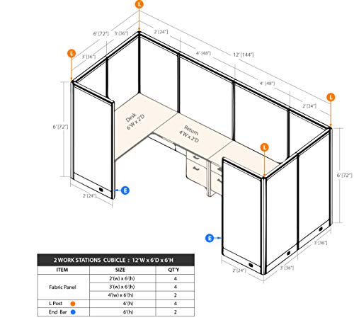 GOF 2 Person Workstation Cubicle (6\'D x 12\'W x 4\'H) / Office Partition, Room Divider (72\" H Cubicle with Desk, Espresso)