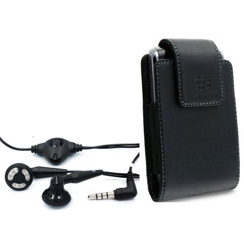 Blackberry OEM Leather Swivel Holster Pouch Case + Original Blackberry 3.5mm Stereo Handsfree Earbuds Headphones Headset with Microphone for Blackberry Bold 9900, 9930