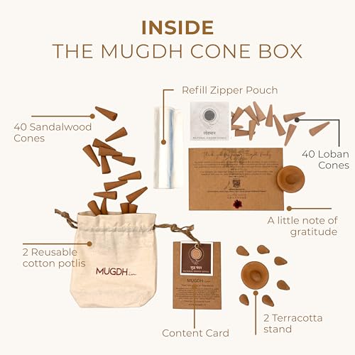 Image of Mugdh Natural Incense Cones Combo - Chandan & Loban | Bambooless, Low Smoke, Charcoal Free Dhoop Cones | 80 Organic dhoop batti | Free Cotton Potli & Dhoop Stand | Home Fragrance, Pooja & Meditation