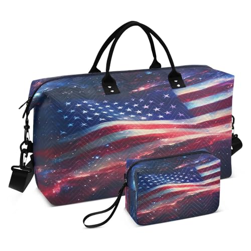 Flag Travel Gym Bag, American Flag Starry Sky Weekender Overnight Duffle for Women with Toiletry Bag Travel Swim - Main Image