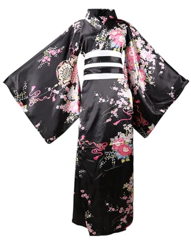 ZNLFS Bata tipo kimono tradicional japonés para mujer, vestido kimono para Halloween, cosplay, disfraz de Geisha Yukata, Negro, XXL
