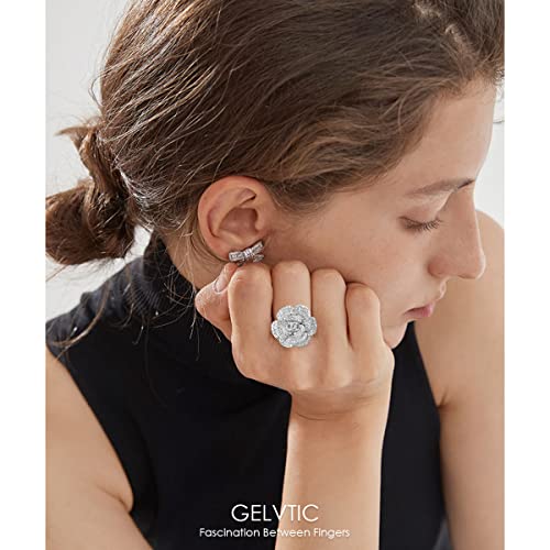 Cocktail Rings Silver Rose Flower Ring for Women Adjustable Rhinestone Cubic Zirconia White Gold Plated Snowflake Crystal Open Wrap Wedding Statement Valentine Gift for Lover Wife Christmas3