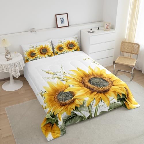 Image of Feelyou Sunflower Comforter Set Watercolor Botanical Branches Kids Comforter for Boys Girls Floral Print Bedding Set Nature Duvet Set Room Decor Quilt Queen Size Boys