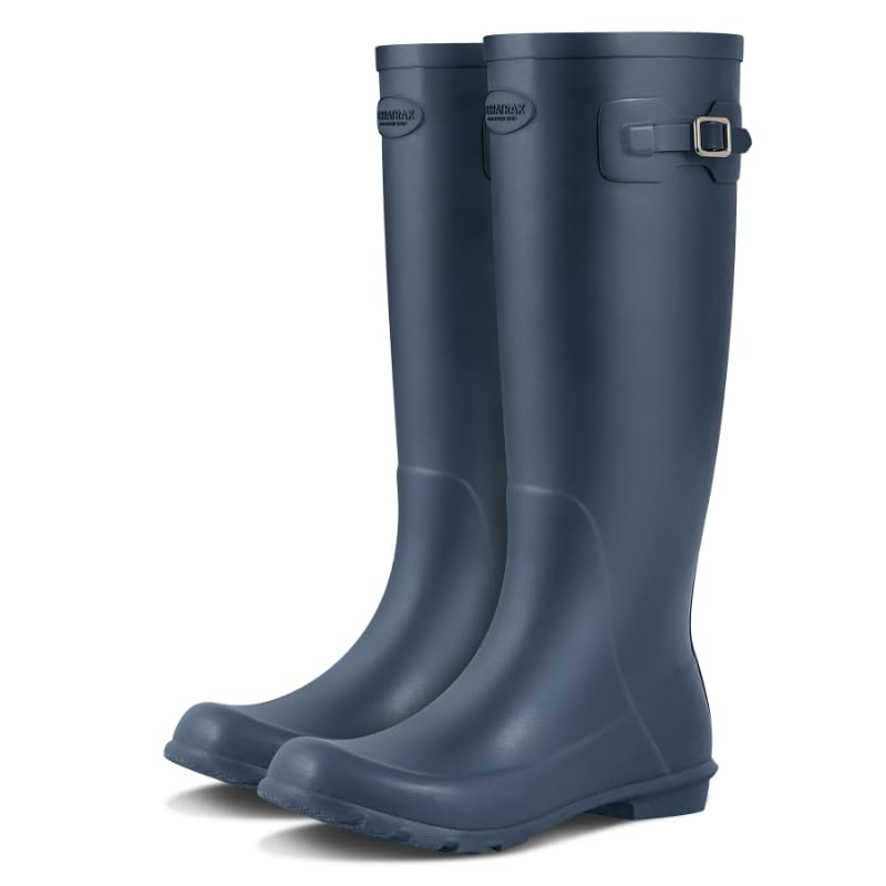TerraTrax Women's Rain Boots, Waterproof Natural Rubber Knee High Boots with Arch Support - Adjustable Gusset for Custom Fit, Comfortable Gardening Shoes & Festival Wellies, Blue & Size 7