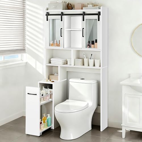 Image of Extendable Rolling Drawer-Style Toilet Storage Cabinet. Conveniently Mobile. Sliding Storage Doors. Adjustable Shelving. Compact Bathroom Storage. Toilet Paper Holder. Bathroom, Toilet, Laundry Room