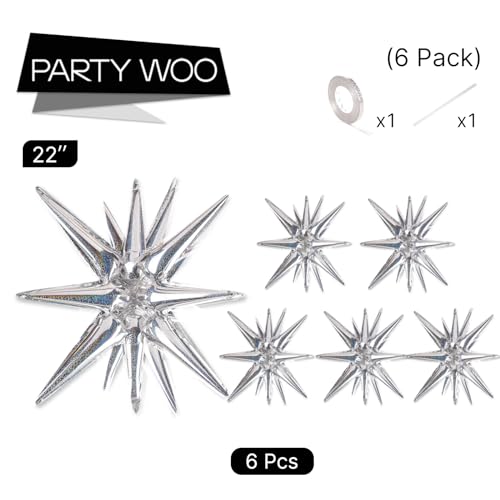 Image of PartyWoo Silver Star Spike Balloons 6pcs Explosion Foil Mylar Balloons