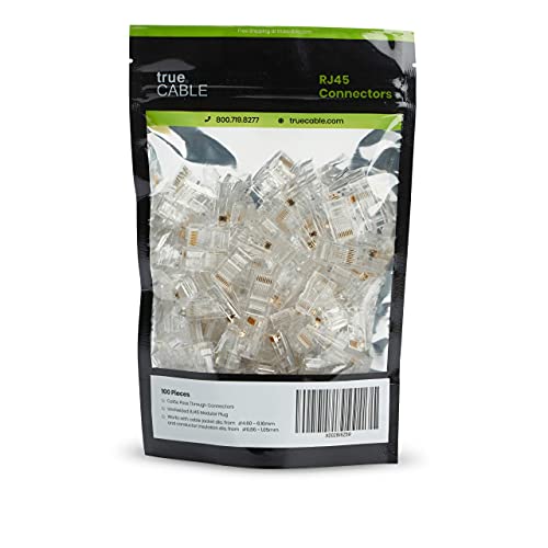 Image of trueCABLE Cat5e RJ45 Pass Through Connectors, Unshielded (UTP) Modular Plug, UL Listed, EZ Crimp End, Gold Plated 3 Prong 8P8C, 100 Pieces