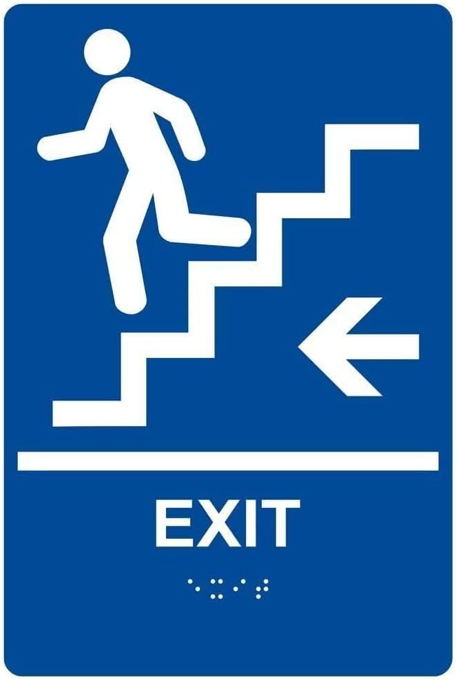 Blue ADA Braille EXIT Stairs Left Sign, Mfr: RRE-14791_White_on_Blue-A