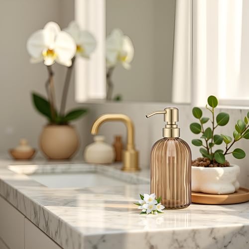 Image of Avola 16 Oz Amber Glass Soap Dispenser,Stainless Steel Brushed Gold Pump Vertical Stripes Design for Bathroom Hand Soap & Kitchen Dish Soap,Brown Liquid Soap Dispenser for Countertops