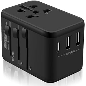 Universal Travel Adapter Converters, 12W GaN Adapter with 1 USB-C & 2 USB-A Ports, Worldwide AC Outlet for EU/UK/AUS/Ireland Plugs, Essential for Airplane Travel, 100-250V, Black