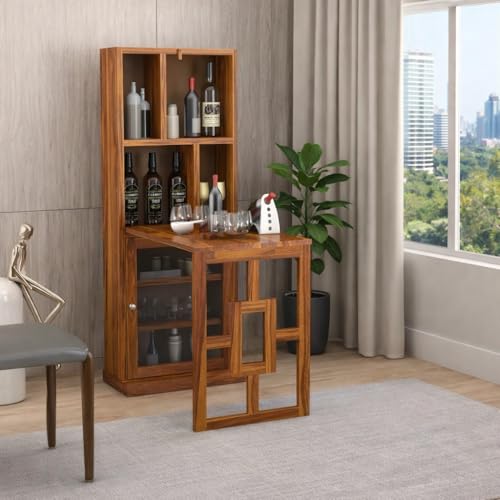 Image of Wooden Bar Cabinet for Home - Large Bar Unit for Living Room with Wine Rack - Foldable Table & Glass Door Storage | Sheesham Bar Table for Home & Bar Counter (Walnut Finish)