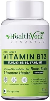 Health Veda Organics Plant Based Vitamin B12 Supplement with Moringa | B1, B2, B3, B5, B6, B7 & B9 | Boosts Energy, Brain, Nerve & Heart Health | 60 Veg Capsules