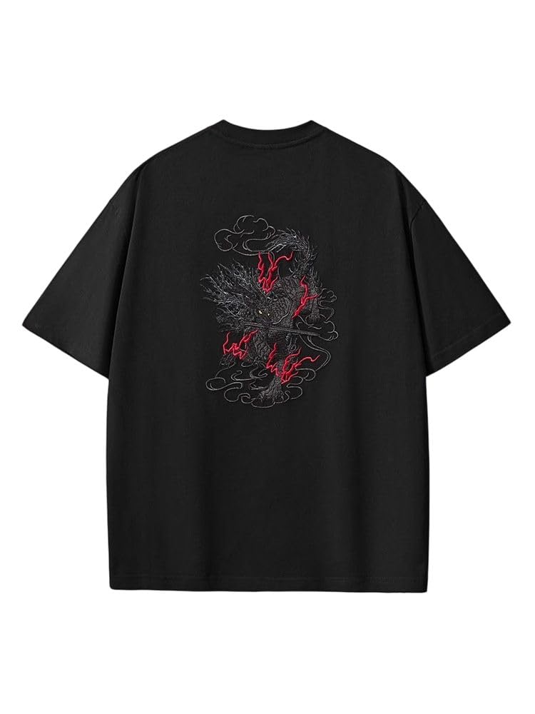 Męski bawełniany t-shirt z okrągłym dekoltem, chiński haft, nacięte ramiona, luźny top na czas wolny