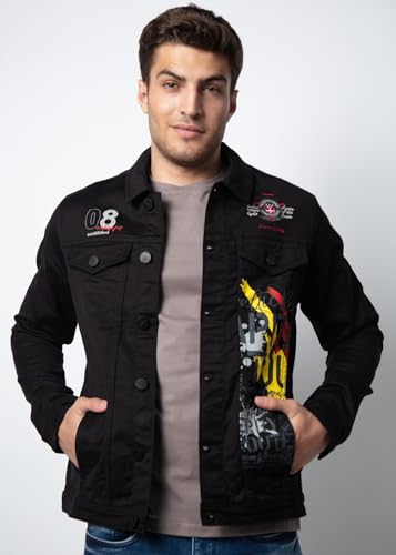 Image of Nostrum Men's Welch Denim Jacket, Black Casual Style, Embroidered Graphic Design, Button Front Closure