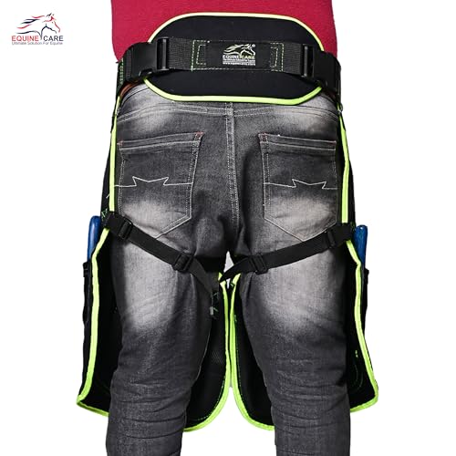 Image of Equine Care Women's Farrier Apron Chaps 23″ - Leather & Canvas, Adjustable 28-52″ Waist, EVA Padded Knees, Lumbar Support, 4 Knife Pockets & Nail Magnets for Hoof Trimming (Black with Green Piping)