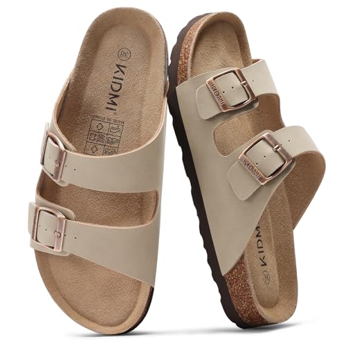 Image of KIDMI Unisex Summer Sandals Arch Support Cork Footbed Slide Sandals with Double Adjustable Buckle for Women Men